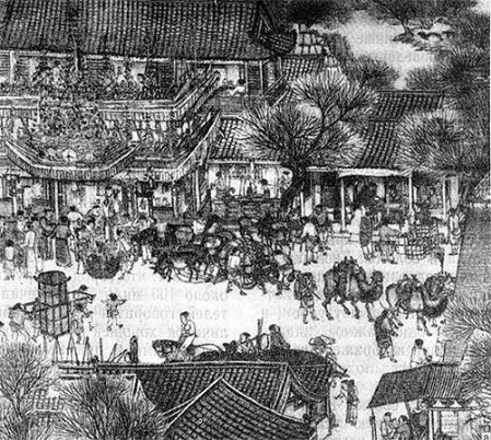 Бяньлян. Картина художника Чжан Цзэ-дуаня «На реке во время весеннего праздника цин-мин». XII в. Детали а — торговая улица Бяньляна;