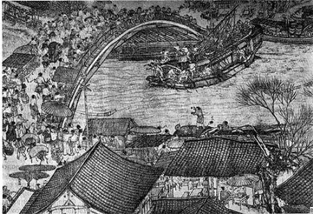 Бяньлян. Картина художника Чжан Цзэ-дуаня «На реке во время весеннего праздника цин-мин». XII в. Детали в — мост «Радуга»